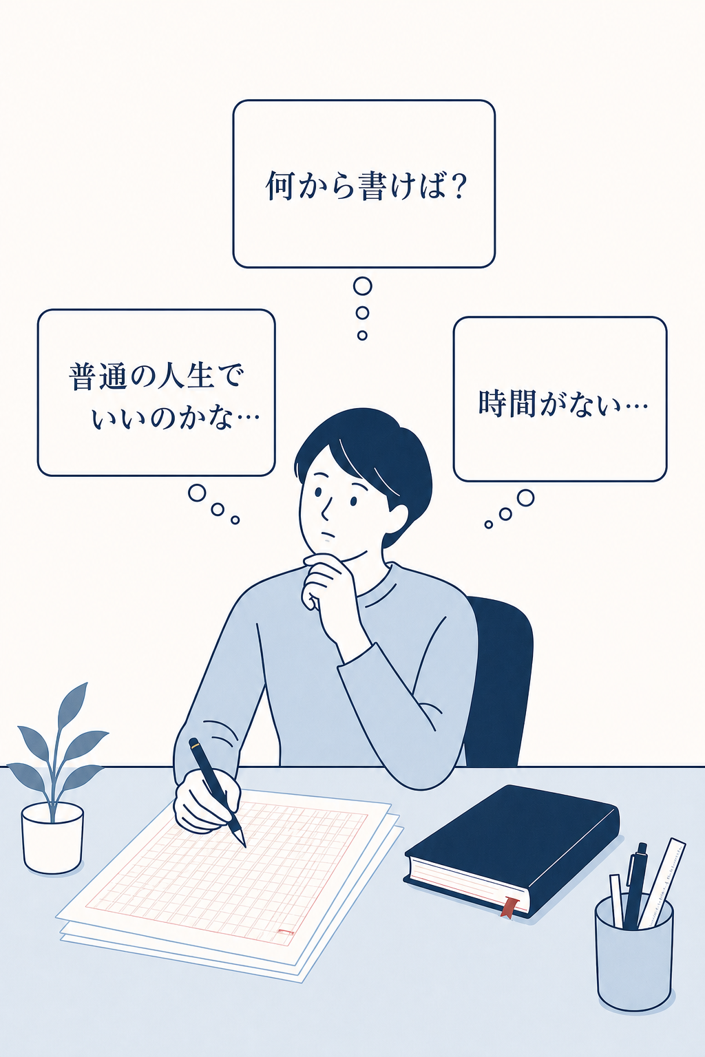 机に向かいながら、なにから書けばよいか、自分の人生を本にしてよいか、時間をつくれるかを考えている人
