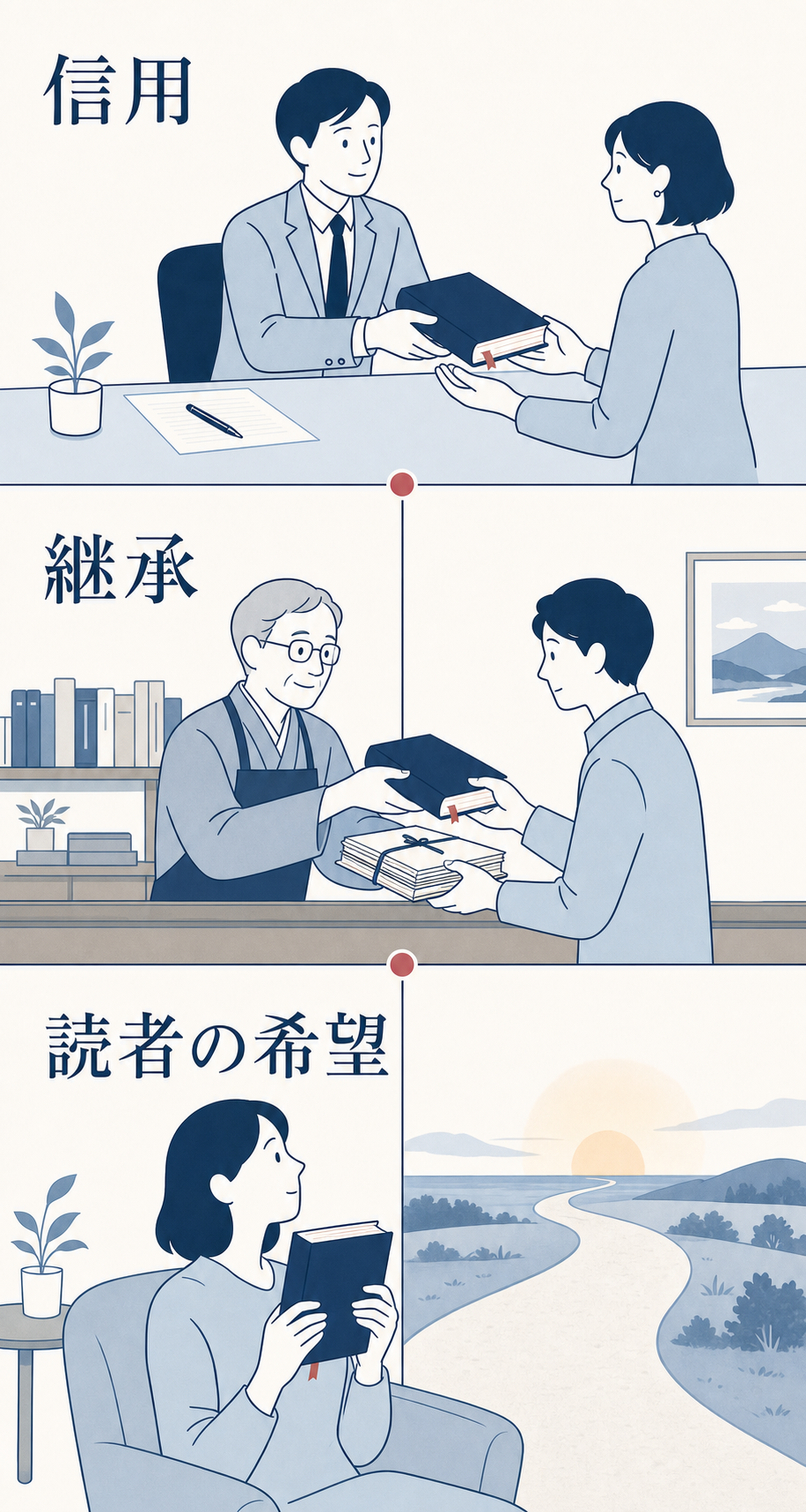 一冊の本が信用、継承、読者の希望へつながる3つの未来を表したイラスト