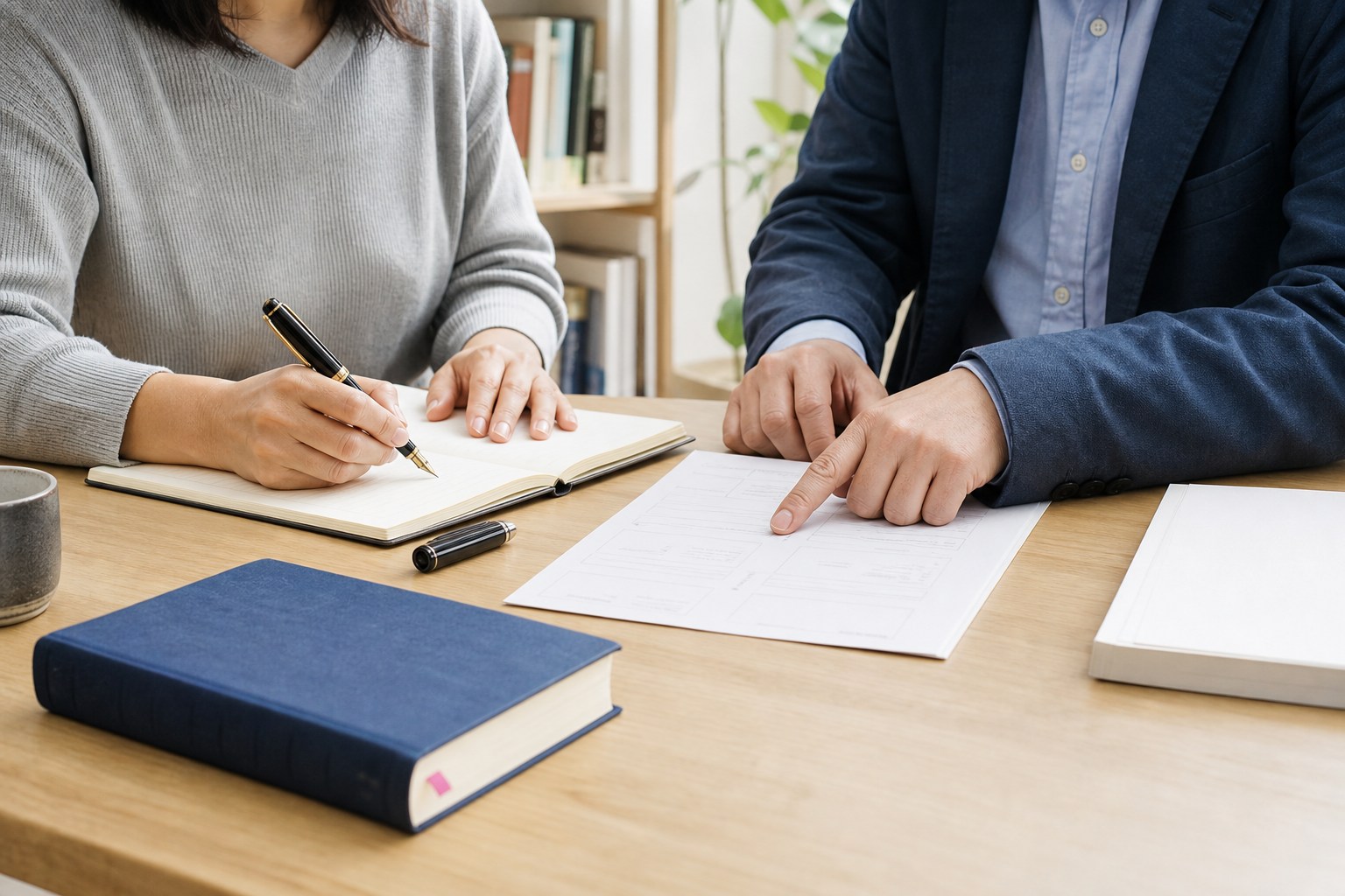 本人が原稿を書き、隣で編集者が構成案を示しながら伴走している様子