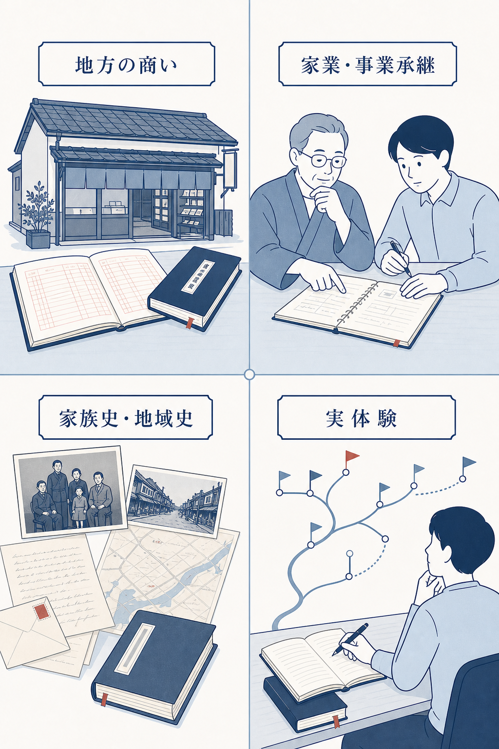 地方の商い、家業・事業承継、家族史・地域史、実体験という、本の材料になり得る4つの経験を表したイラスト